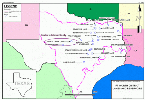 Location of Hords Creek Reservoir in Texas